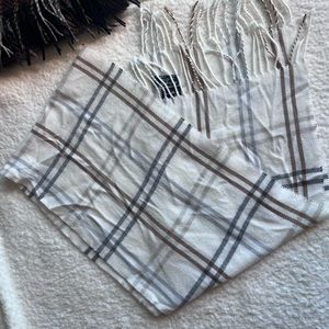 Neutral Light Tan, Cream, White Fringed Plaid Scarf. 32” Long Made in Italy